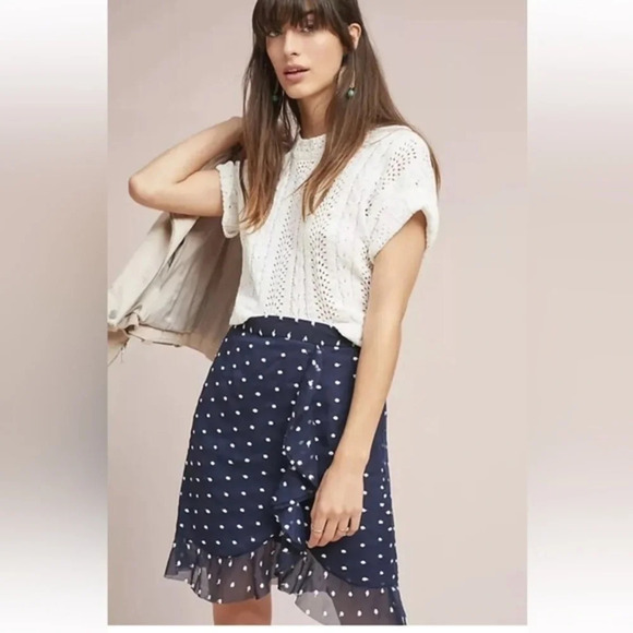 Hutch | Anthropologie Navy & White Polka Dot Ruffle Skirt Size 2 XS Pinup Retro - Picture 2 of 7